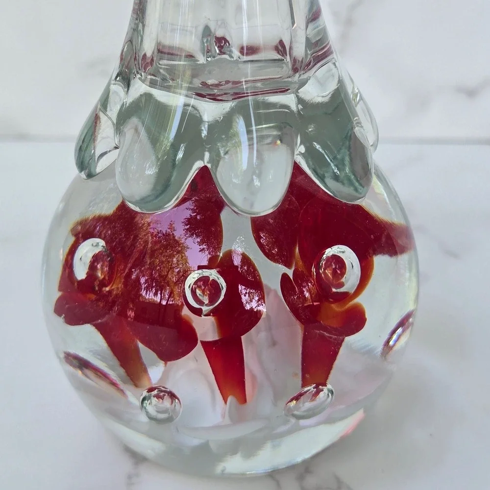 Vintage Paperweight Base Bud Vase  Art Glass Red White Flower Ruffled Rim 7.5 in